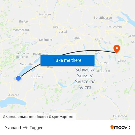 Yvonand to Tuggen map