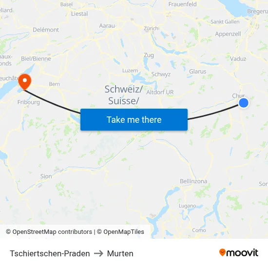 Tschiertschen-Praden to Murten map