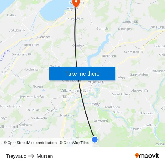 Treyvaux to Murten map