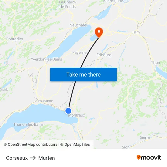 Corseaux to Murten map