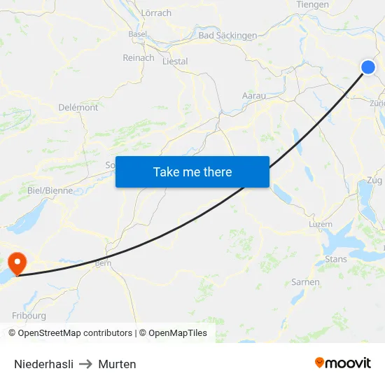 Niederhasli to Murten map