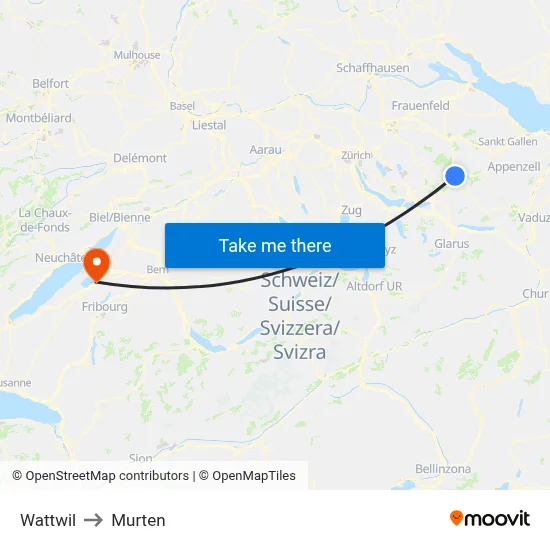 Wattwil to Murten map