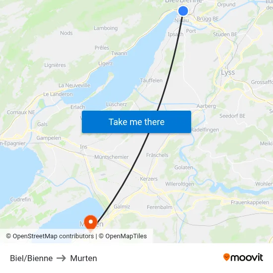 Biel/Bienne to Murten map