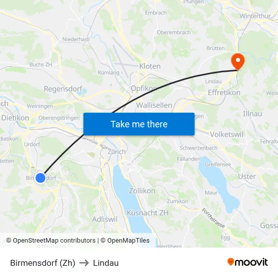 Birmensdorf (Zh) to Lindau map