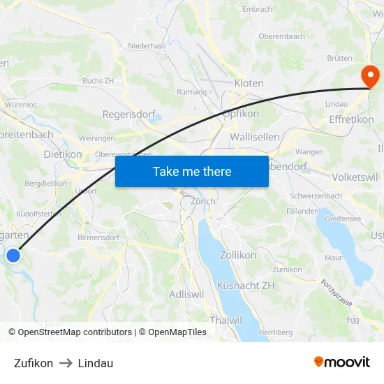 Zufikon to Lindau map