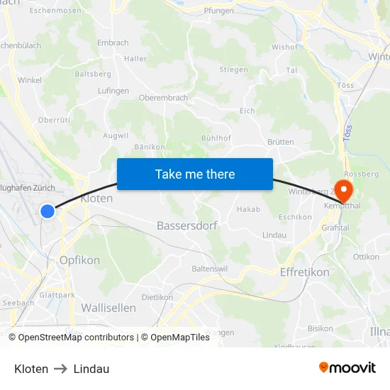 Kloten to Lindau map