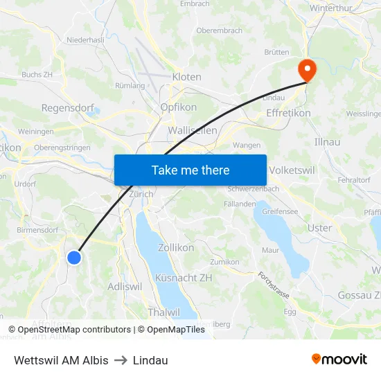 Wettswil AM Albis to Lindau map