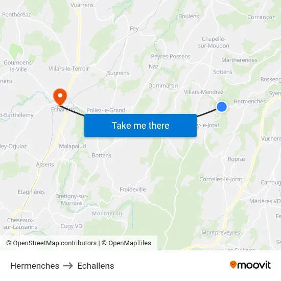 Hermenches to Echallens map