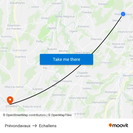 Prévondavaux to Echallens map