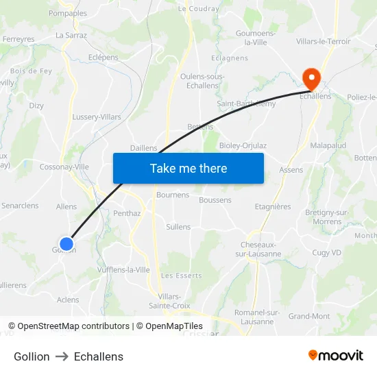 Gollion to Echallens map