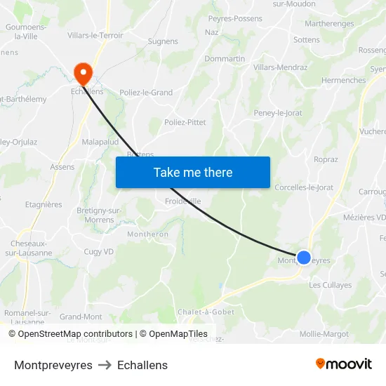 Montpreveyres to Echallens map