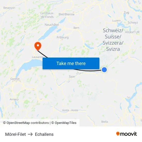 Mörel-Filet to Echallens map