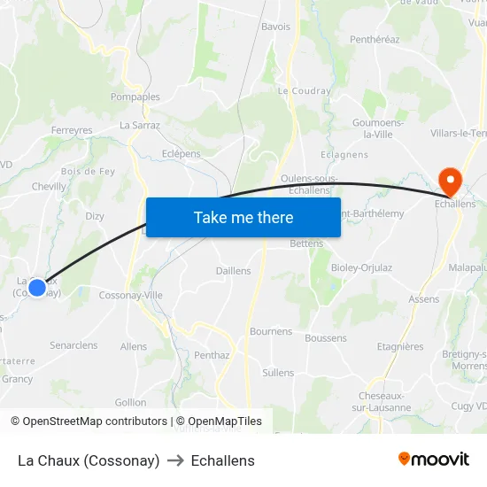 La Chaux (Cossonay) to Echallens map