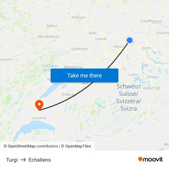Turgi to Echallens map