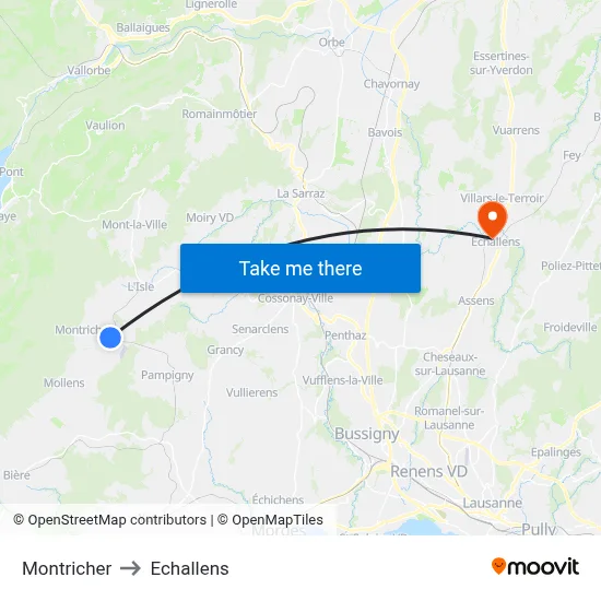 Montricher to Echallens map