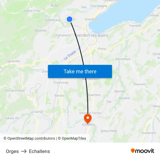 Orges to Echallens map