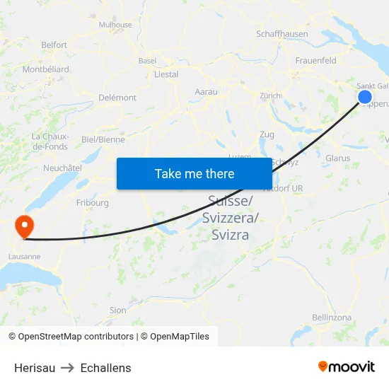 Herisau to Echallens map