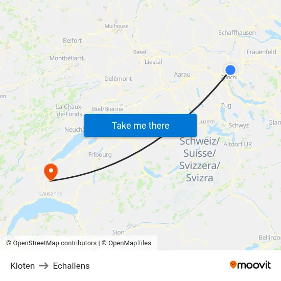 Kloten to Echallens map