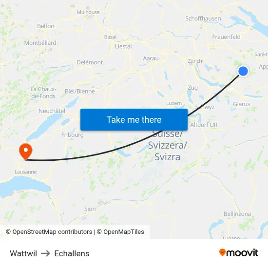 Wattwil to Echallens map