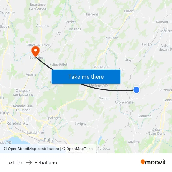 Le Flon to Echallens map