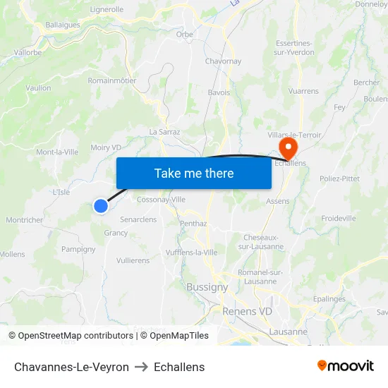 Chavannes-Le-Veyron to Echallens map