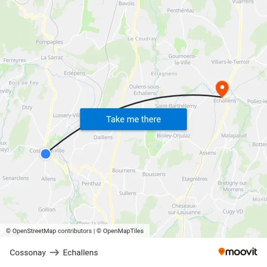 Cossonay to Echallens map