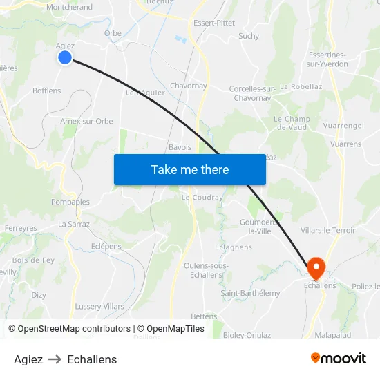 Agiez to Echallens map