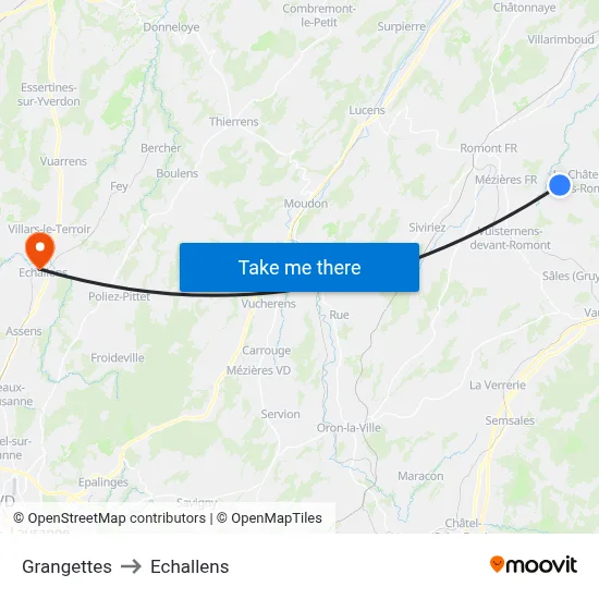 Grangettes to Echallens map