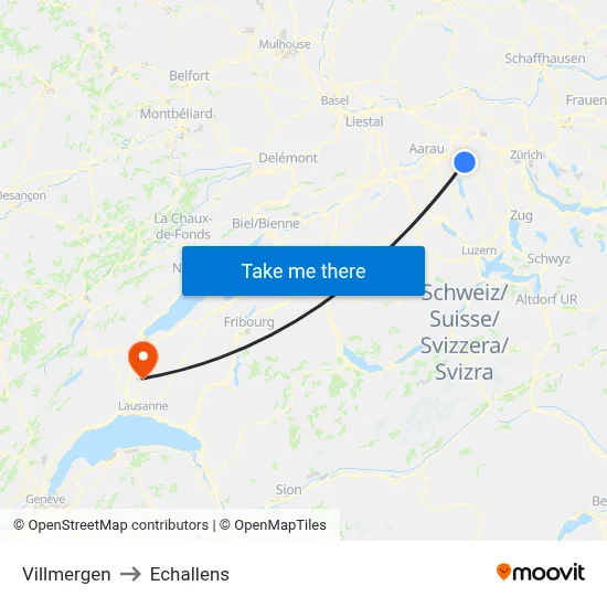 Villmergen to Echallens map