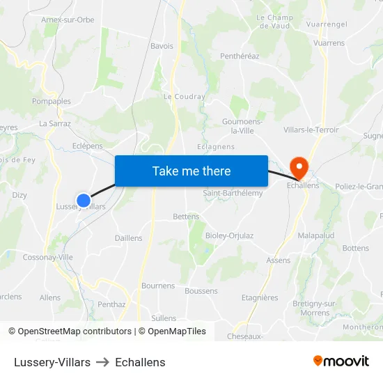 Lussery-Villars to Echallens map