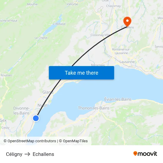 Céligny to Echallens map