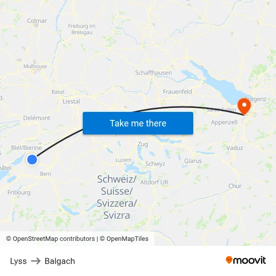 Lyss to Balgach map