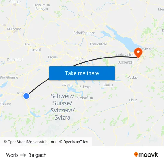Worb to Balgach map