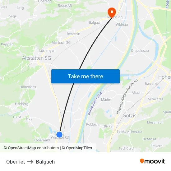 Oberriet to Balgach map
