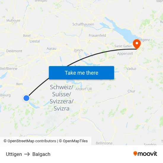 Uttigen to Balgach map