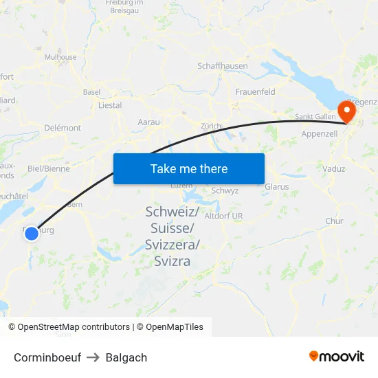 Corminboeuf to Balgach map
