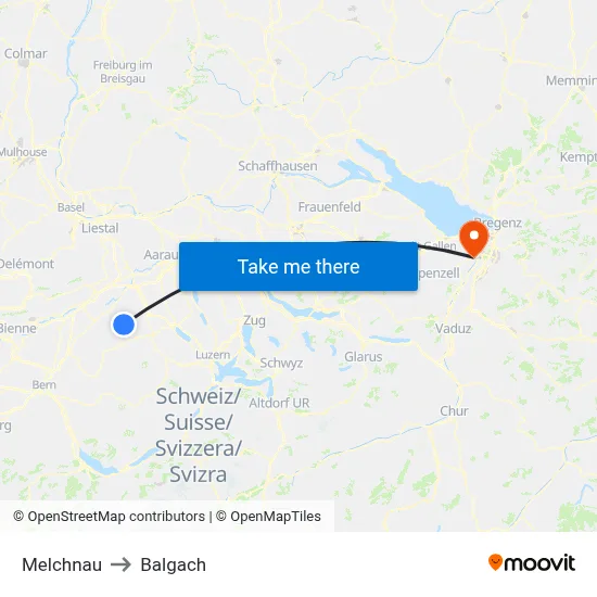 Melchnau to Balgach map