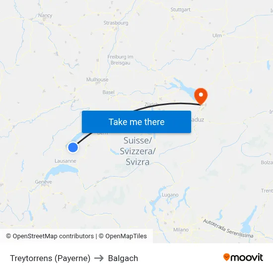 Treytorrens (Payerne) to Balgach map