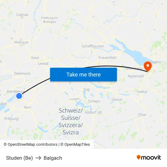 Studen (Be) to Balgach map