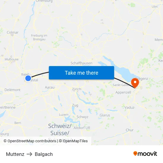 Muttenz to Balgach map