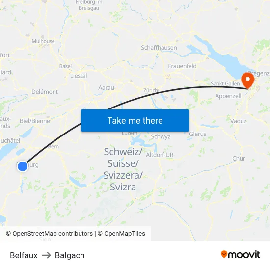 Belfaux to Balgach map
