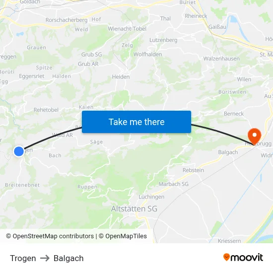 Trogen to Balgach map