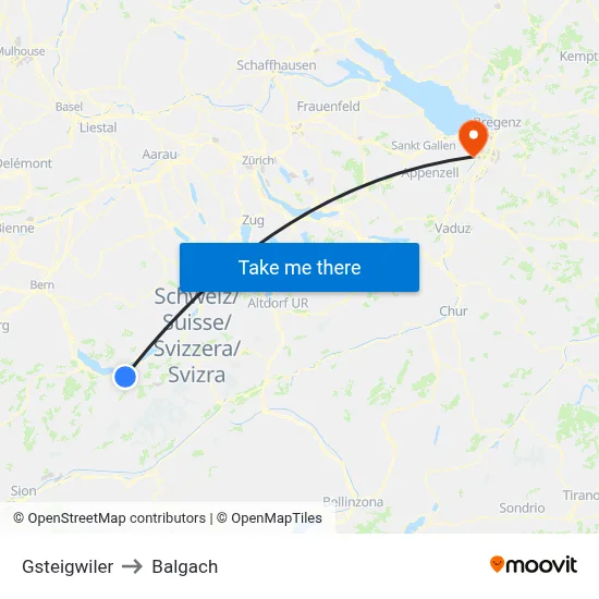 Gsteigwiler to Balgach map