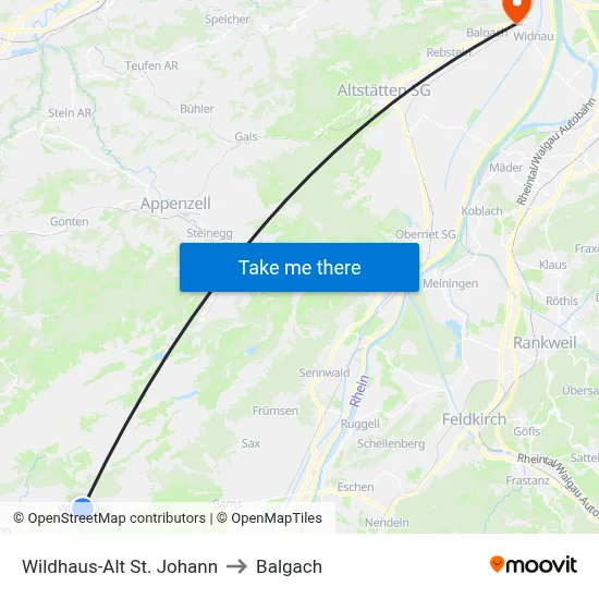 Wildhaus-Alt St. Johann to Balgach map