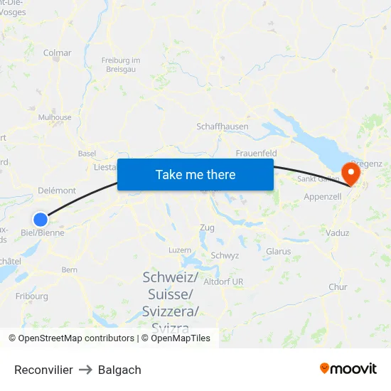 Reconvilier to Balgach map