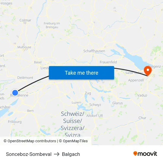 Sonceboz-Sombeval to Balgach map