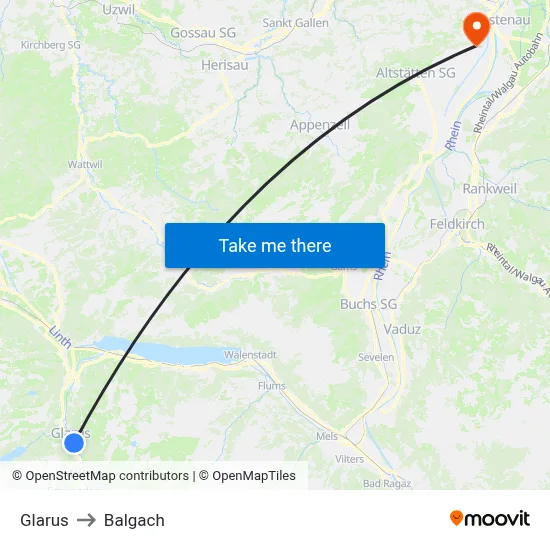 Glarus to Balgach map