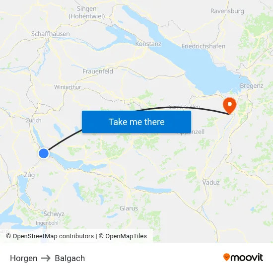 Horgen to Balgach map
