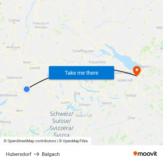 Hubersdorf to Balgach map