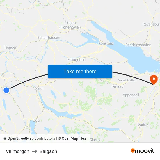 Villmergen to Balgach map